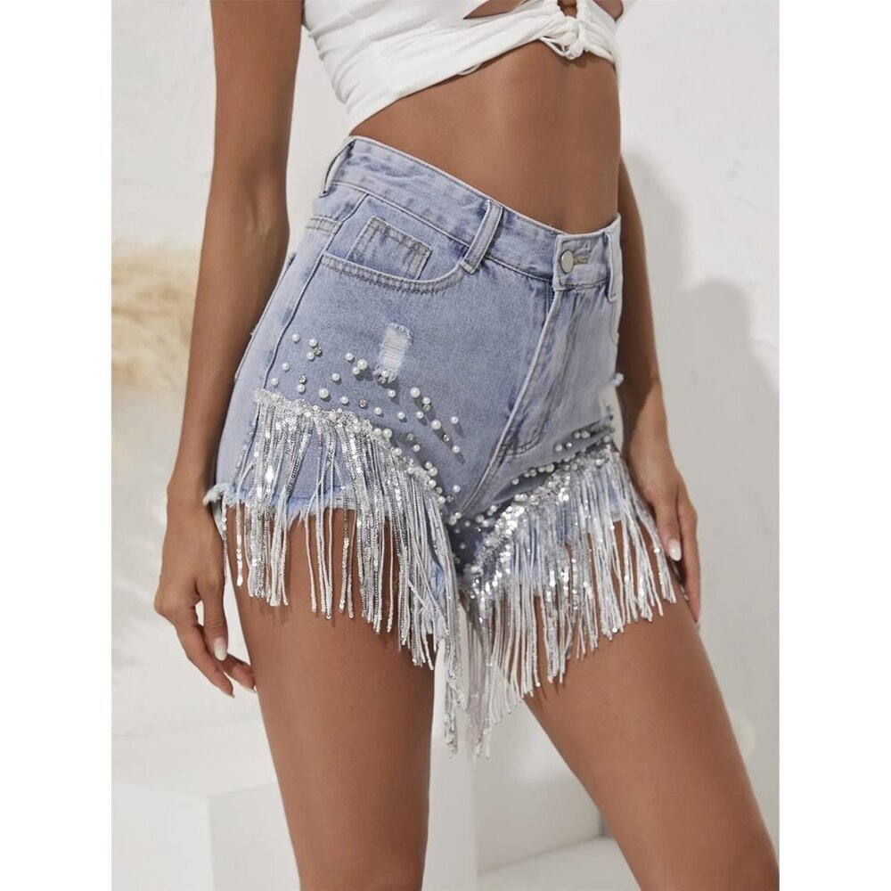 Women Denim Shorts Rhinestone Pearl Beaded Fringe High Waisted Summer Casual - Picture 5 of 6